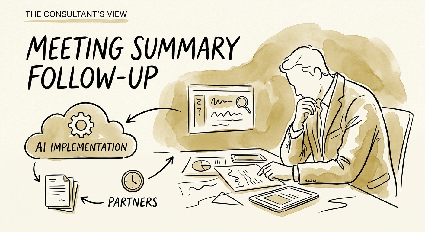 A software-implementation services leader reviewing a governed AI workflow for meeting summary follow-up.