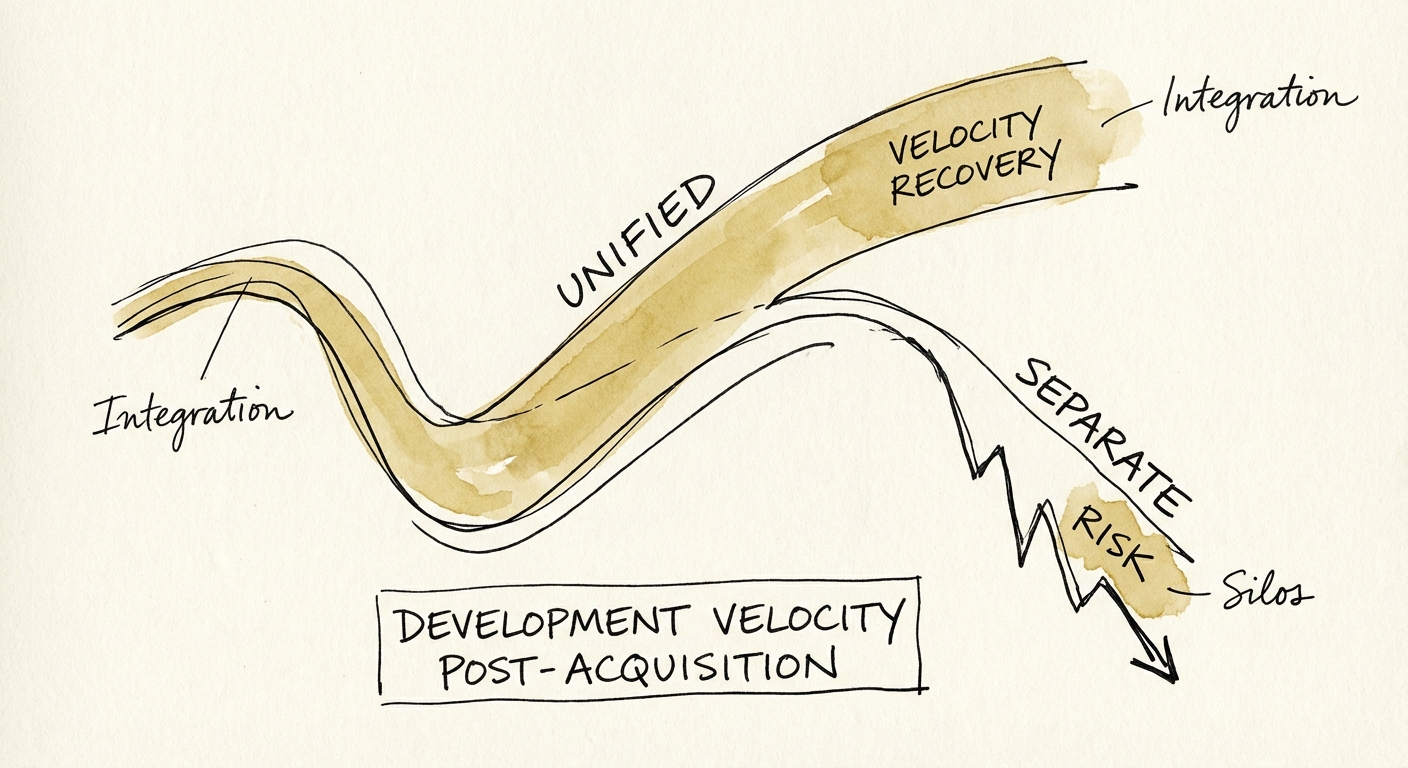 Chart comparing engineering velocity drop-offs in unified vs. separate development environments post-acquisition.