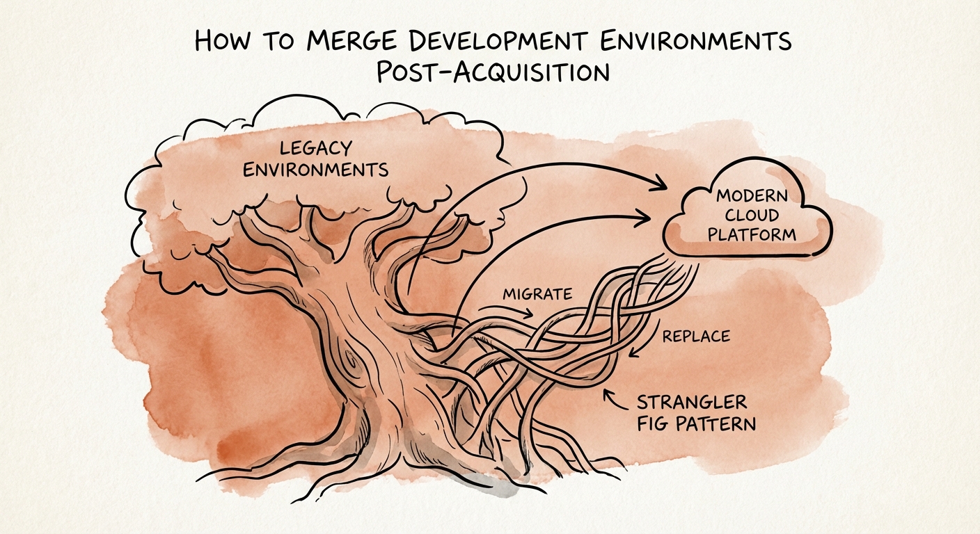 Diagram showing the 'Strangler Fig' pattern for migrating legacy development environments into a modern cloud platform.
