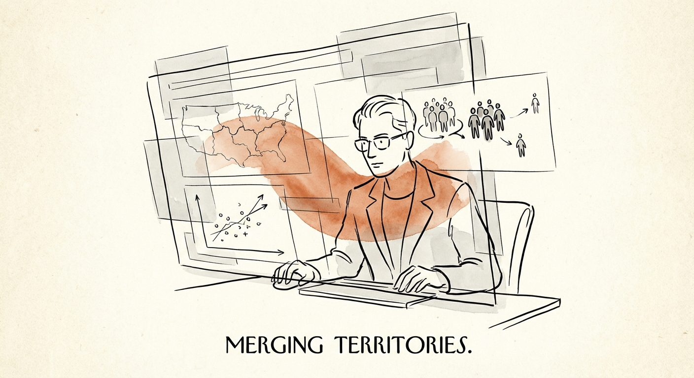 Private equity operating partner analyzing sales territory maps and retention data on a digital interface.