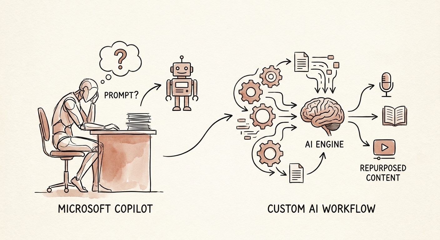 Marketing operations team comparing Microsoft Copilot with a custom AI workflow for content repurposing.