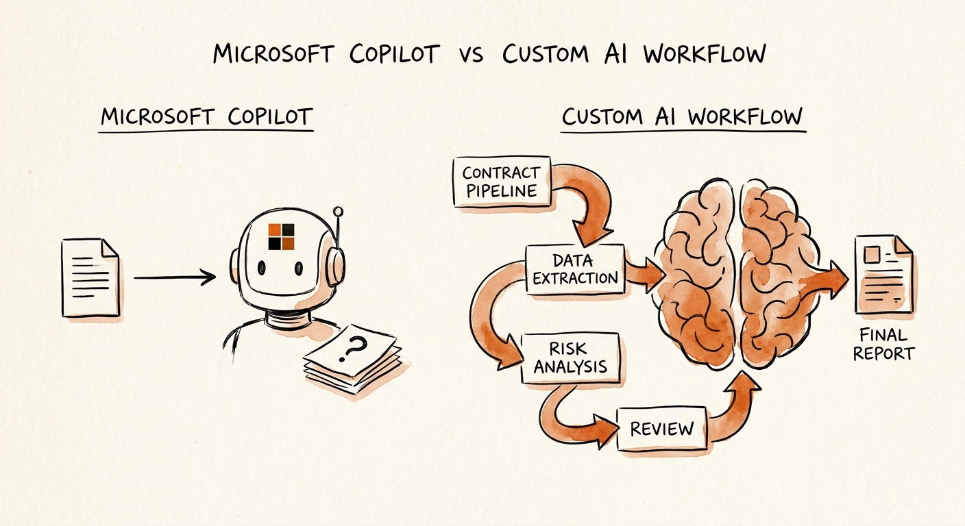 Legal and commercial team comparing Copilot document assistance with a controlled contract intake workflow.