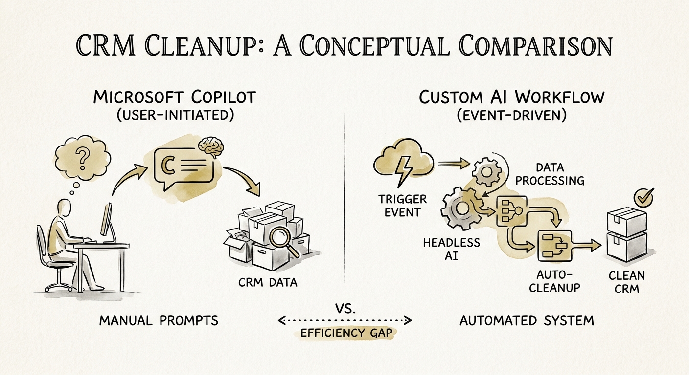 sales and revenue operations team reviewing a governed Microsoft Copilot versus custom AI workflow decision for CRM cleanup.