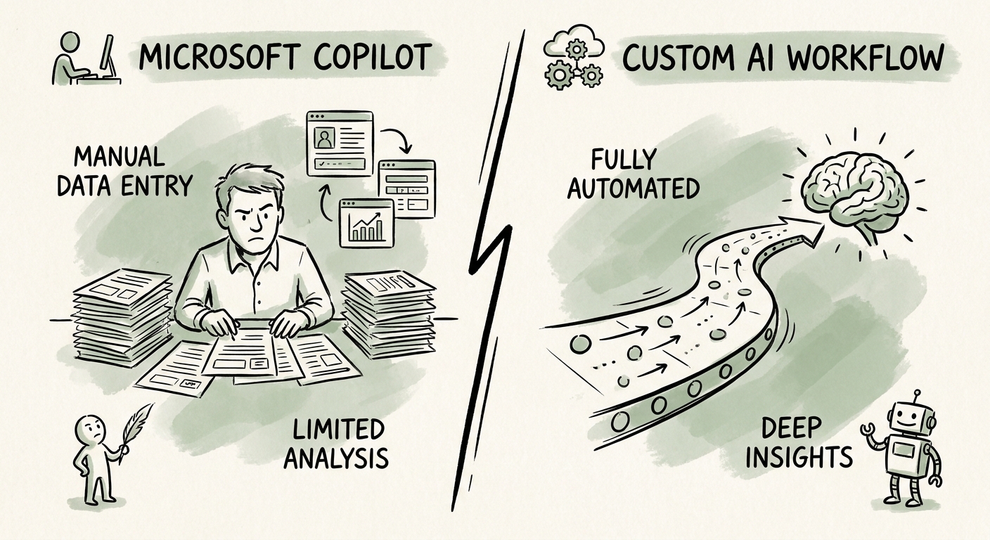 customer experience and product operations team reviewing a governed Microsoft Copilot versus custom AI workflow decision for customer feedback analysis.