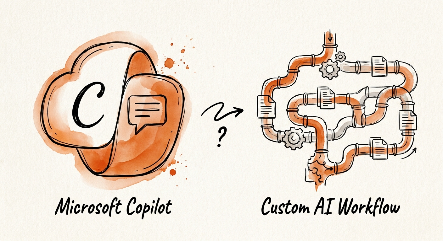 IT and data operations team reviewing a governed Microsoft Copilot versus custom AI workflow decision for data cleanup.