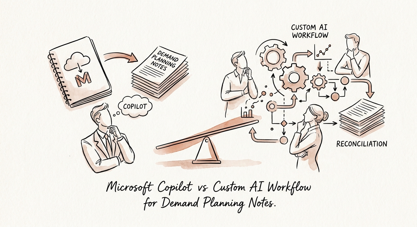 operations and supply chain team reviewing a governed Microsoft Copilot versus custom AI workflow decision for demand planning notes.