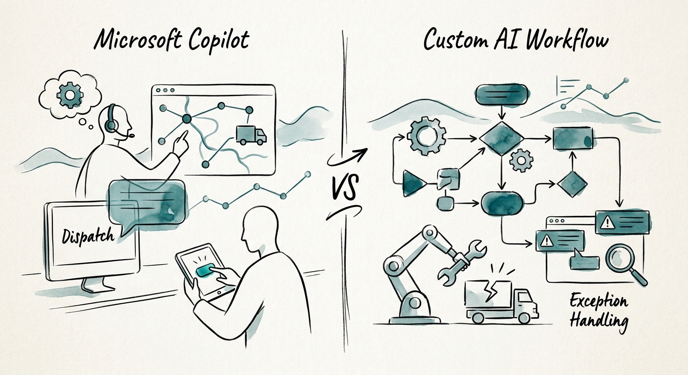 field operations and service delivery team reviewing a governed Microsoft Copilot versus custom AI workflow decision for dispatch exception handling.