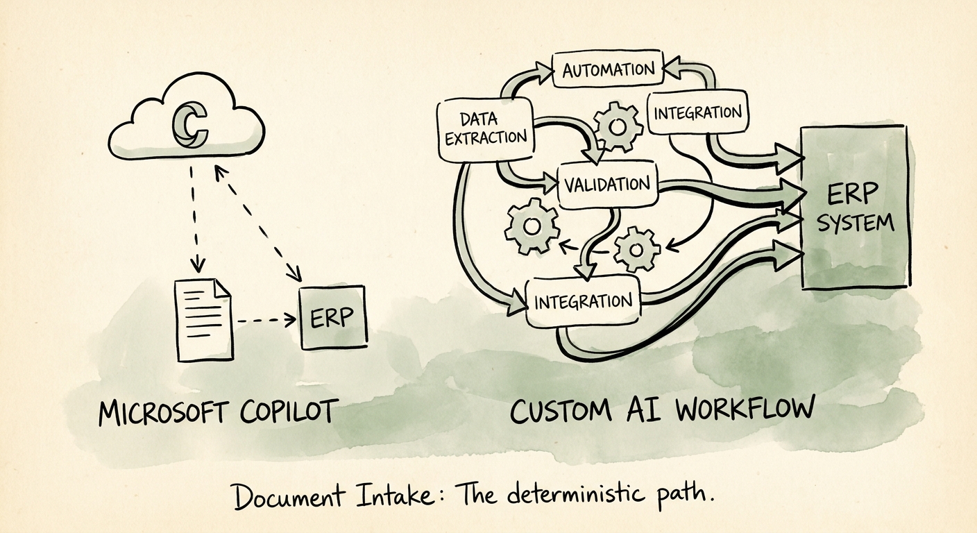 Document-intake workflow map showing field extraction, missing-data flags, duplicate detection, reviewer approval, and system handoff.