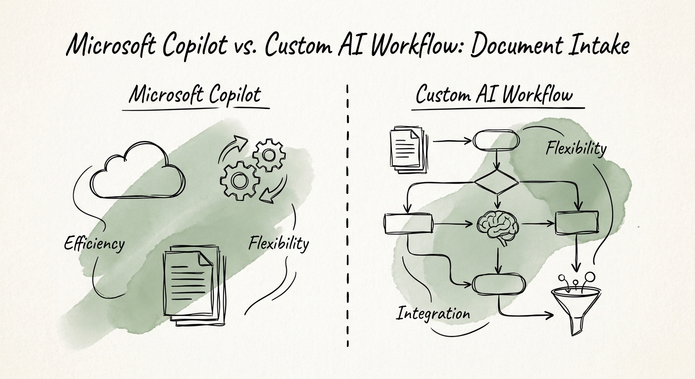 operations and finance team reviewing a governed Microsoft Copilot versus custom AI workflow decision for document intake.