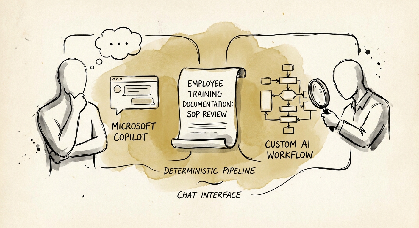 Training documentation workflow map showing training tracks, version control, manager approval, employee acknowledgement, and stale-content alerts.