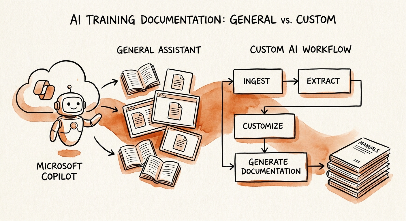 HR and operations team reviewing a governed Microsoft Copilot versus custom AI workflow decision for employee training documentation.