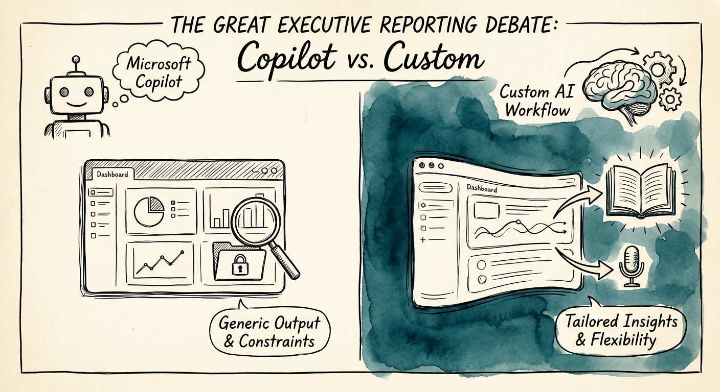 finance and leadership team reviewing a governed Microsoft Copilot versus custom AI workflow decision for executive reporting.