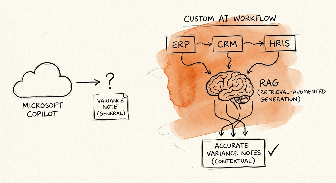 Comparison map for Copilot versus custom AI workflow in finance variance notes.
