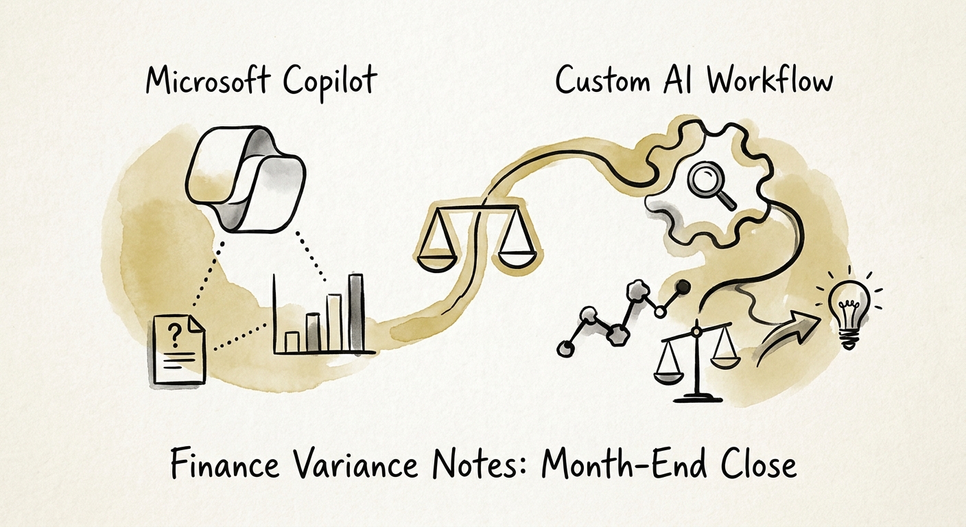 Team comparing Microsoft Copilot and a custom AI workflow for finance variance notes.