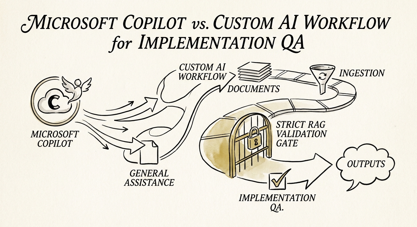 Implementation QA workflow map showing requirements traceability, defect severity, evidence checks, release gates, and go-live review.