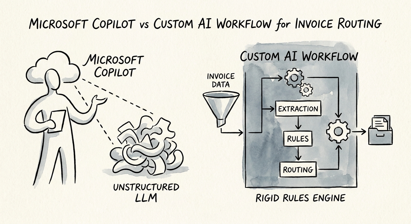 finance and operations team reviewing a governed Microsoft Copilot versus custom AI workflow decision for invoice routing.