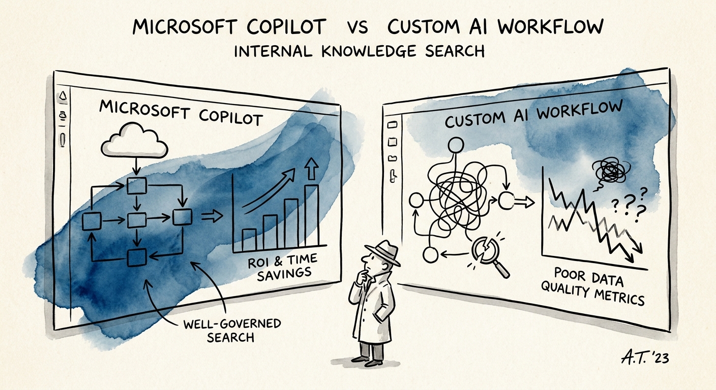 Comparison map for Copilot versus custom AI workflow in knowledge search.