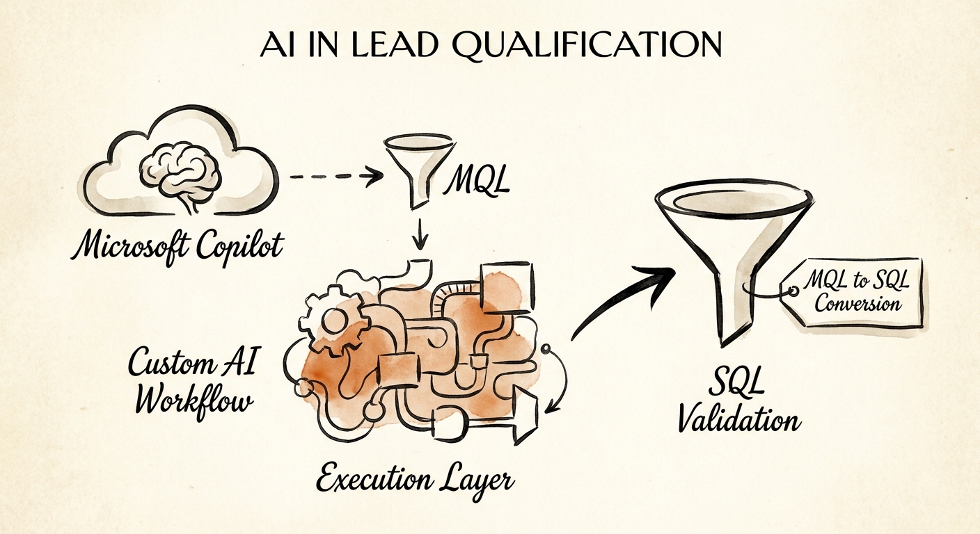 Lead-qualification workflow map showing account-fit evidence, territory rules, scoring review, SDR handoff, and CRM follow-up triggers.