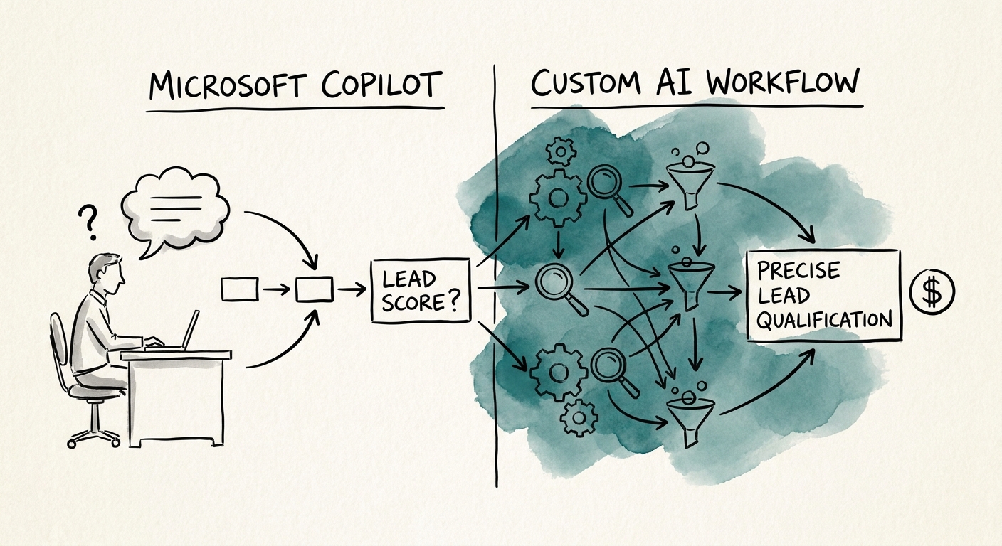 sales and marketing operations team reviewing a governed Microsoft Copilot versus custom AI workflow decision for lead qualification.