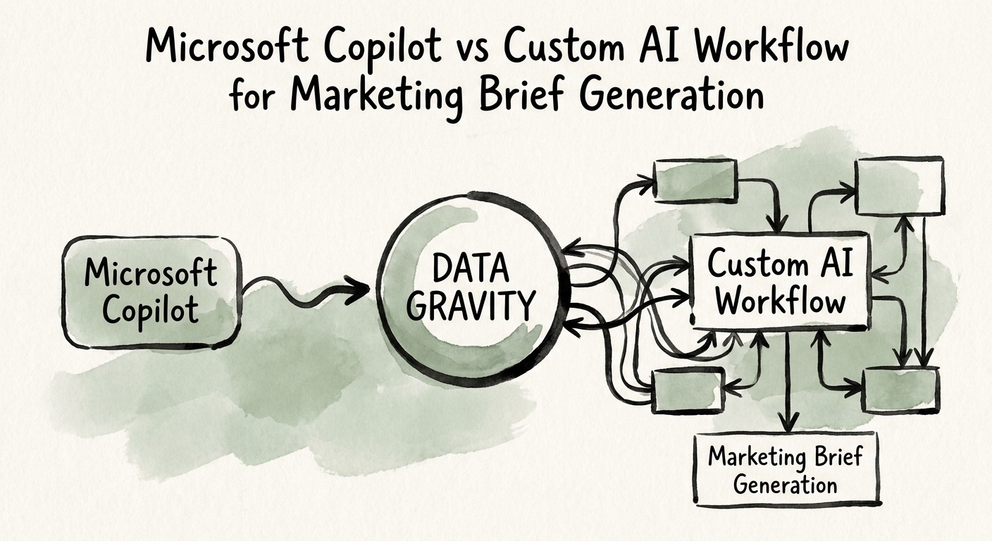 Comparison map for Copilot versus custom AI workflow in marketing brief generation.