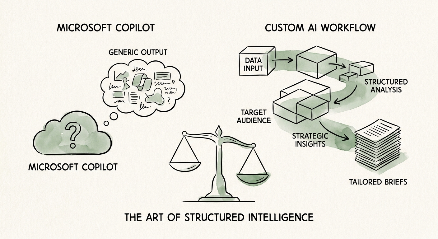 Team comparing Microsoft Copilot and a custom AI workflow for marketing brief generation.