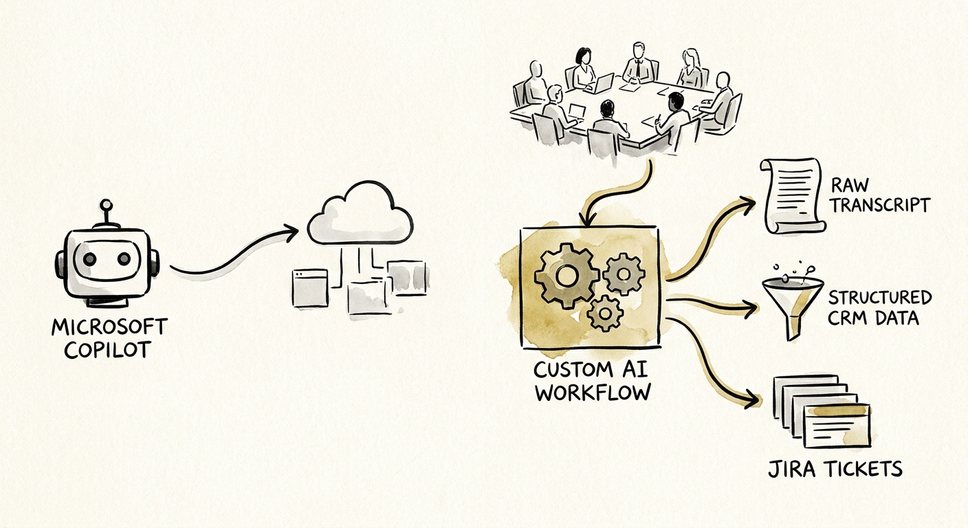 Comparison map for Copilot versus custom AI workflow in meeting summary follow-up.
