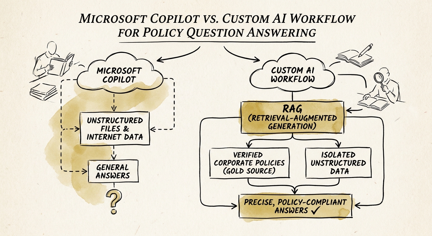 Policy-answering workflow map showing approved sources, version control, role permissions, citation review, and HR escalation.
