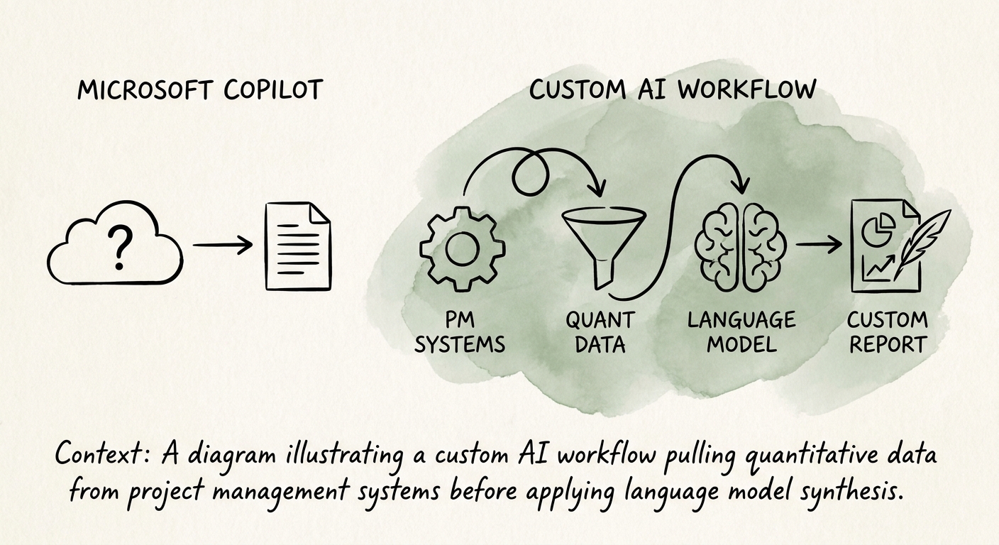 Operating model for project status reporting showing sources, reviewers, controls, and ROI measures.