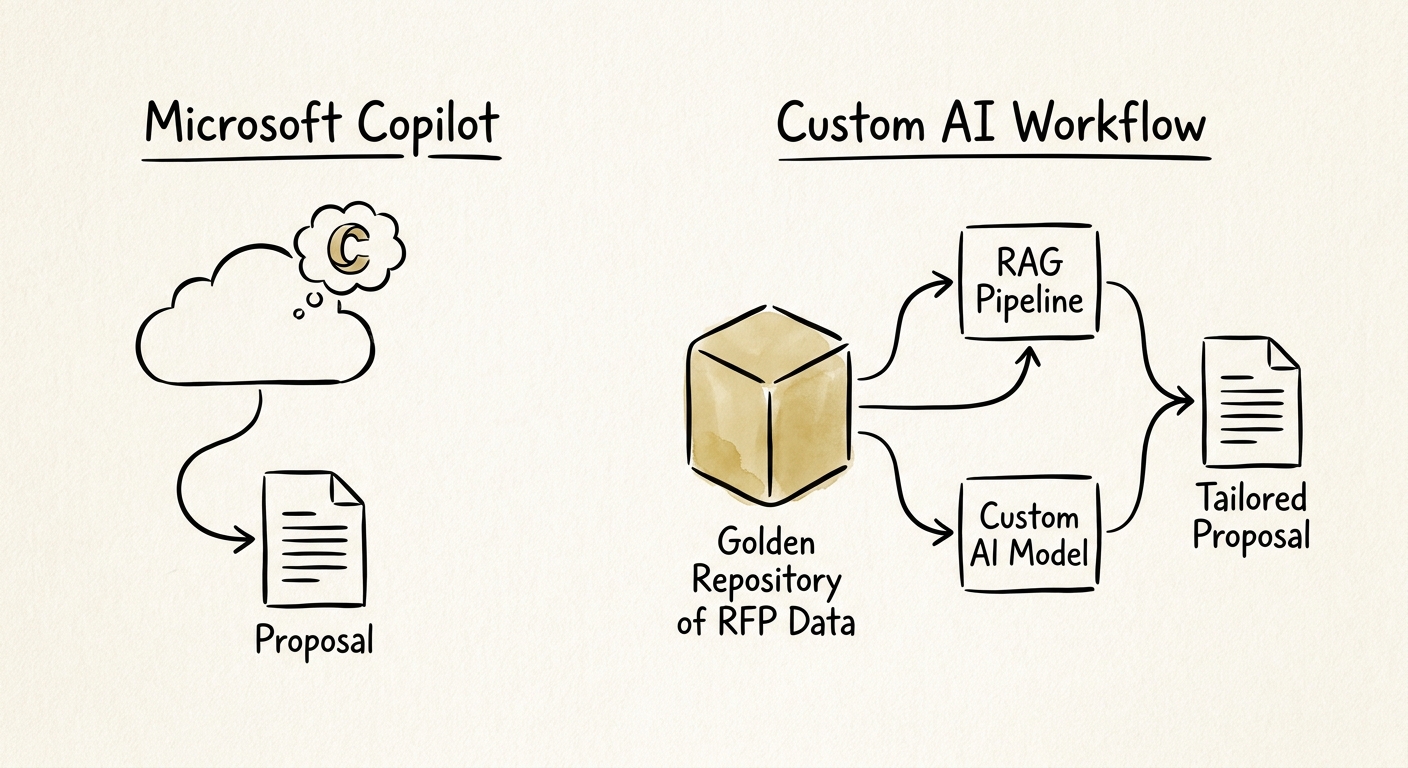 Proposal drafting architecture showing Microsoft 365 permissions, approved content, CRM context, pricing review, and final approval.