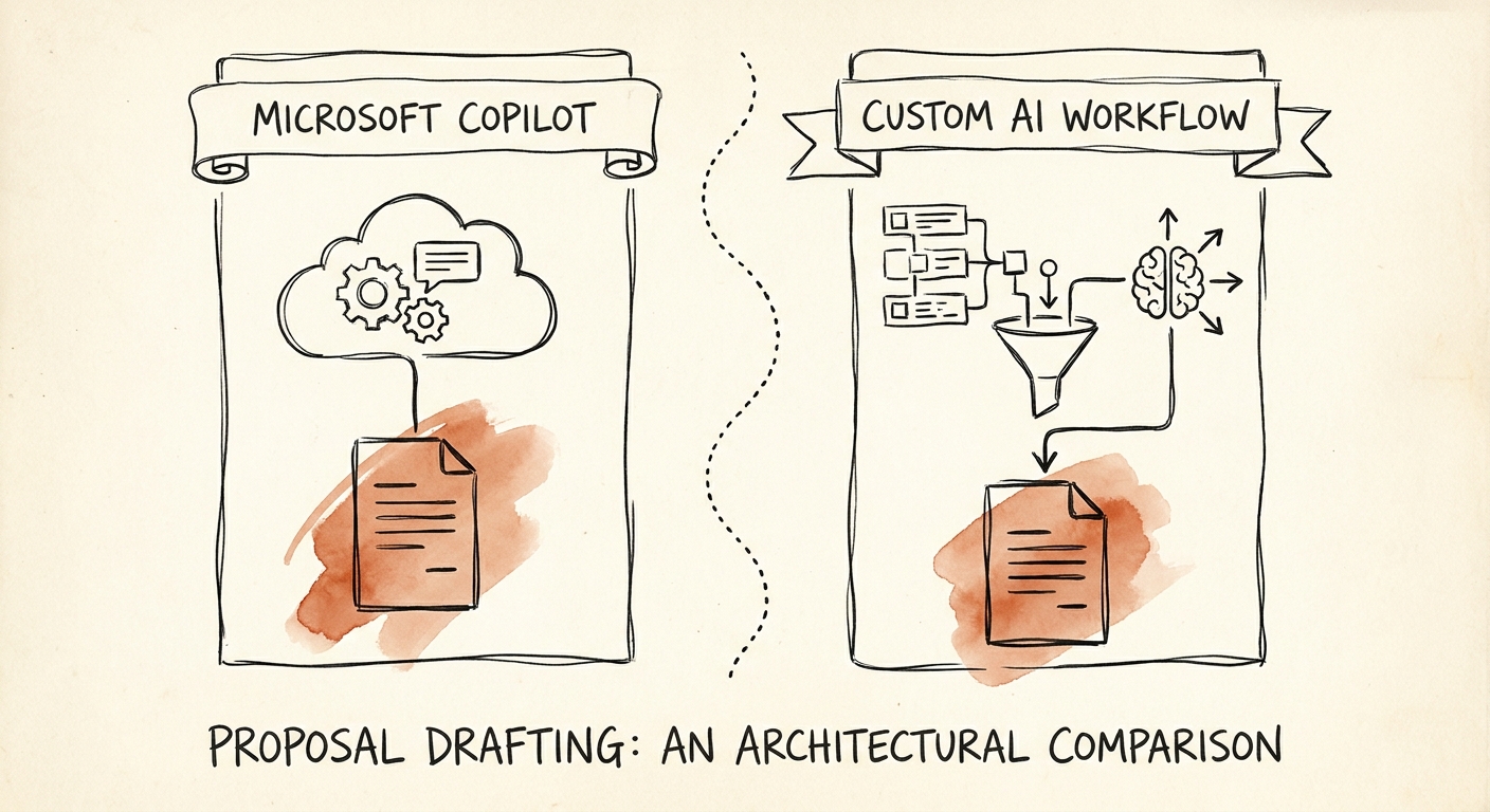 Comparison map showing Microsoft Copilot and custom AI proposal workflow decision gates.