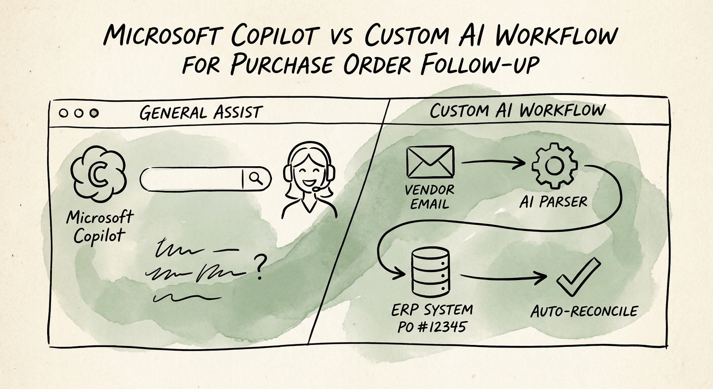 Purchase-order follow-up workflow map showing supplier commitments, ERP status, late-risk flags, buyer action queues, and approved updates.