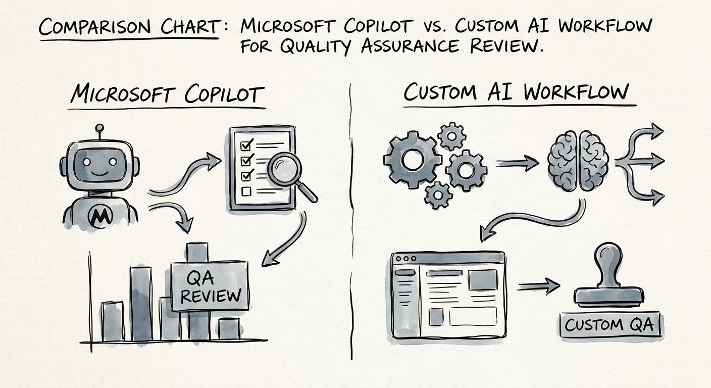 customer service and delivery operations team reviewing a governed Microsoft Copilot versus custom AI workflow decision for quality assurance review.