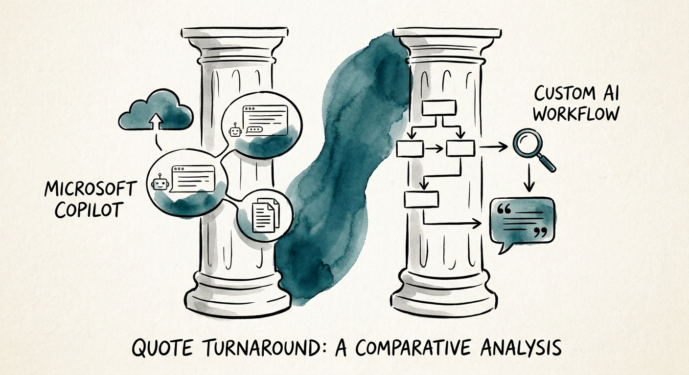 Decision tree comparing Copilot-assisted quote preparation with custom quote workflow automation.