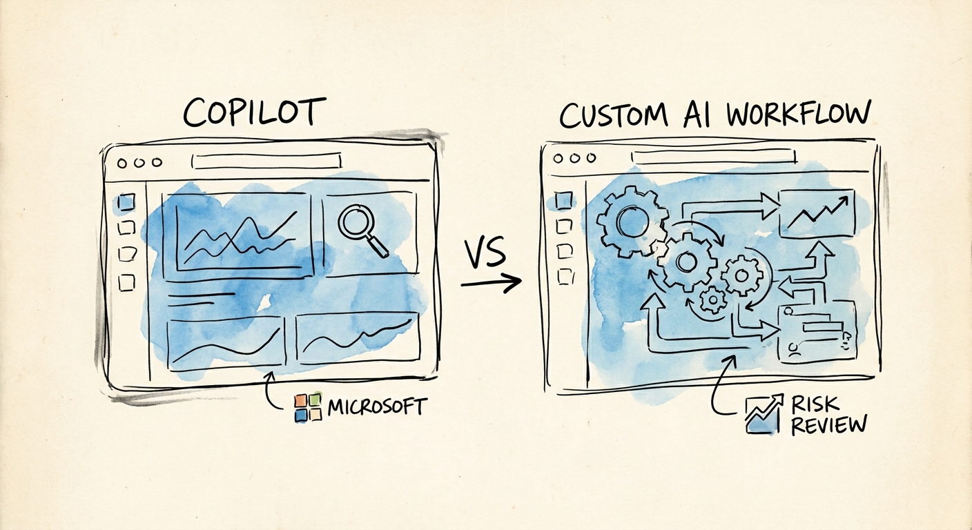 customer success and revenue operations team reviewing a governed Microsoft Copilot versus custom AI workflow decision for renewal risk review.