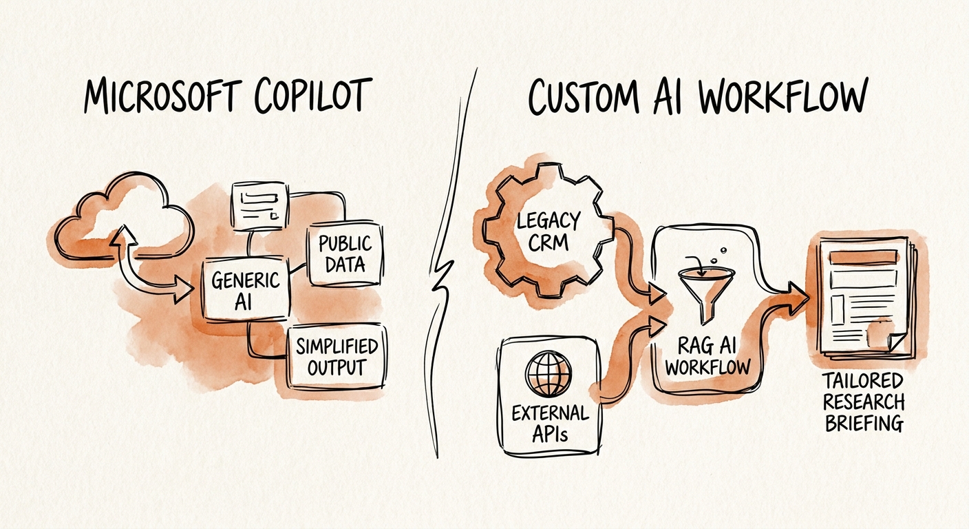 Comparison map for Copilot versus custom AI workflow in research briefing.