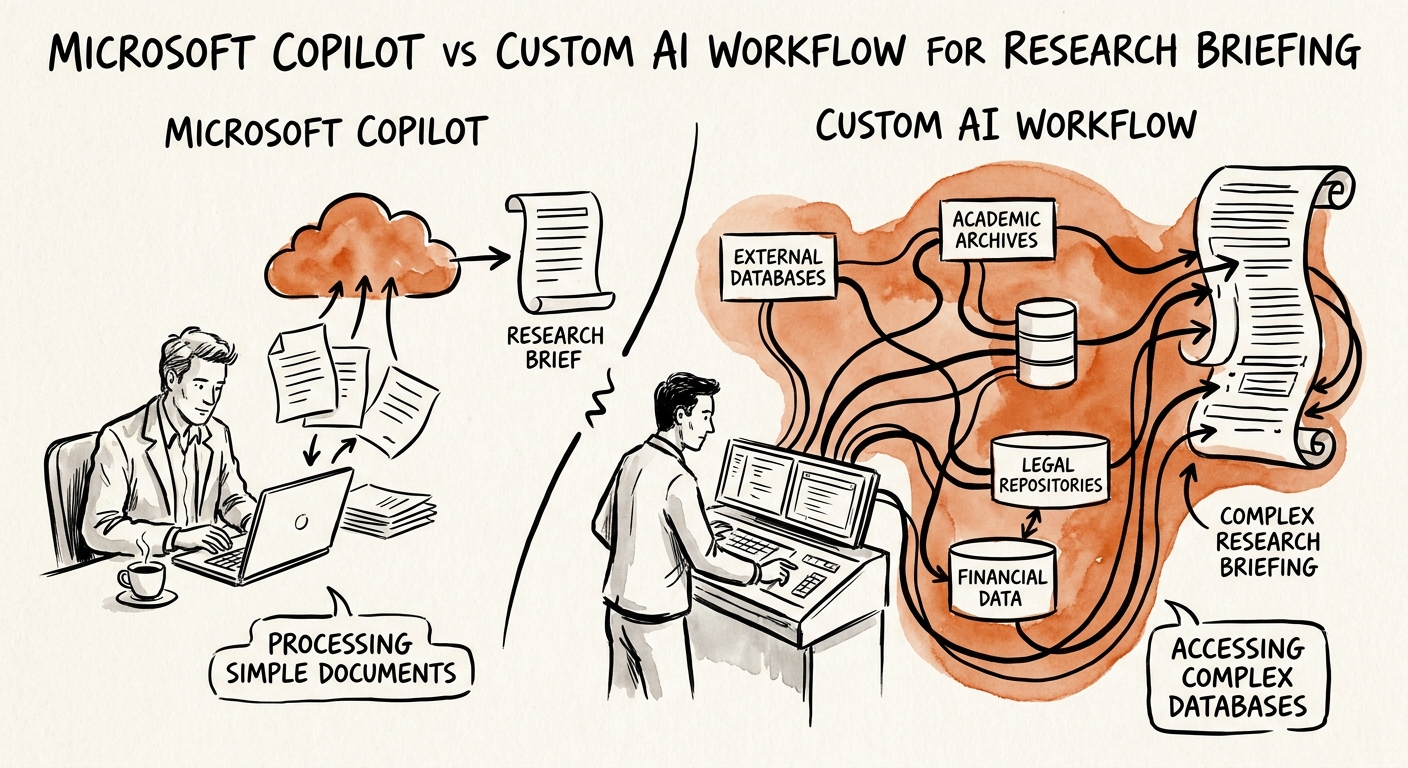 Team comparing Microsoft Copilot and a custom AI workflow for research briefing.