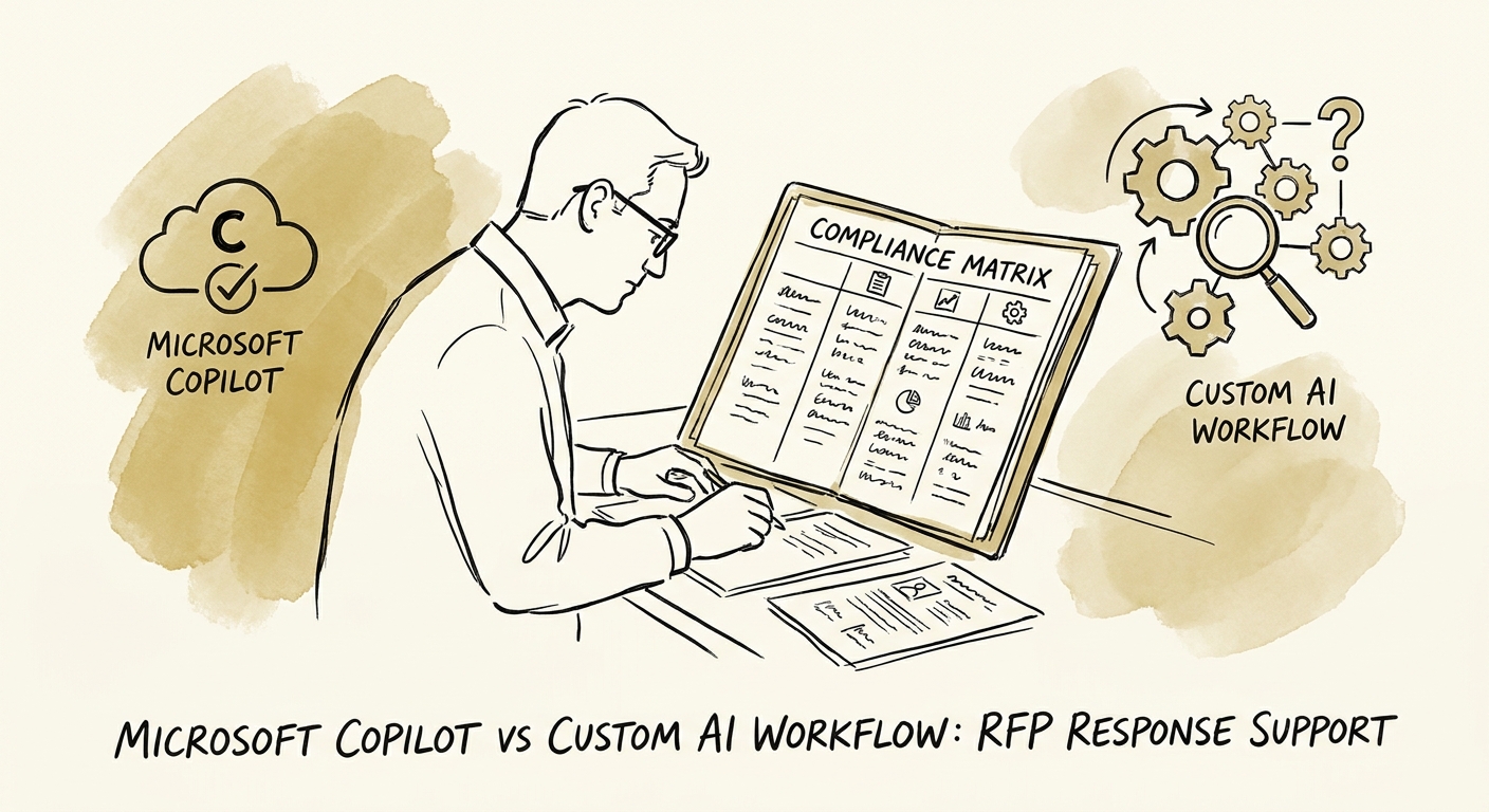 RFP response workflow map showing approved answers, security evidence, legal review, commitment expiration, and proposal status updates.