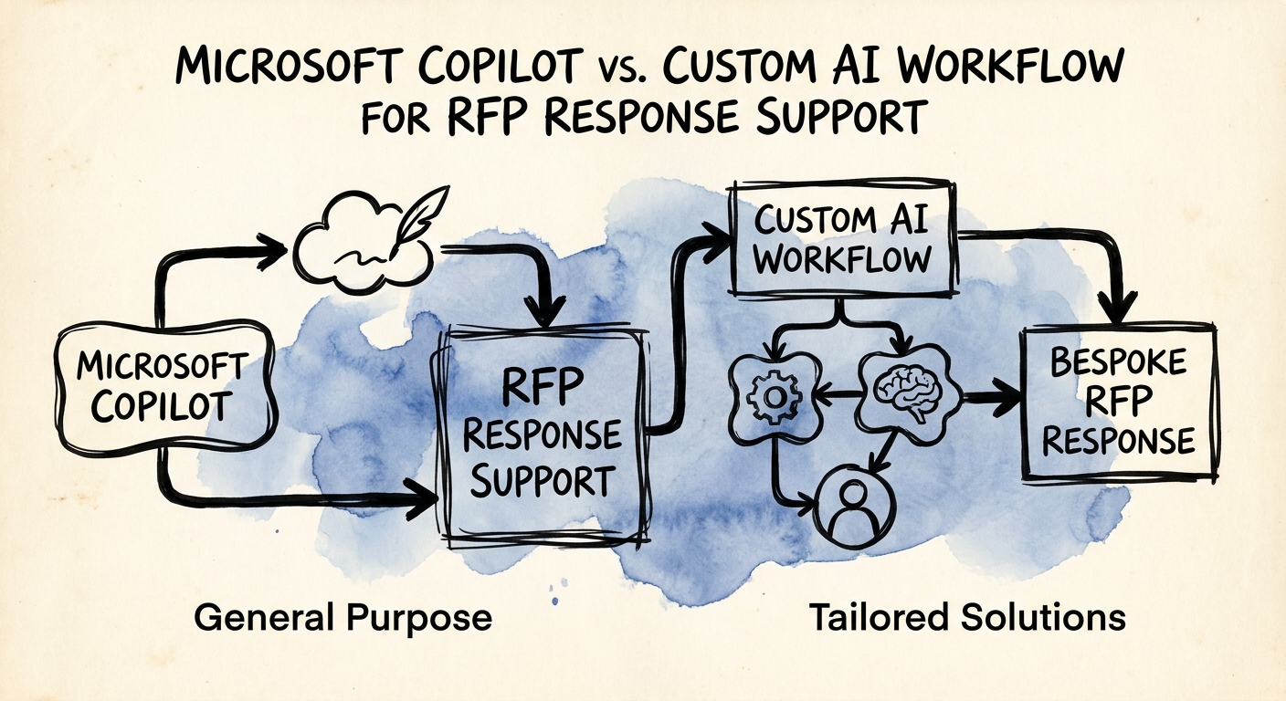 sales engineering and proposal operations team reviewing a governed Microsoft Copilot versus custom AI workflow decision for RFP response support.