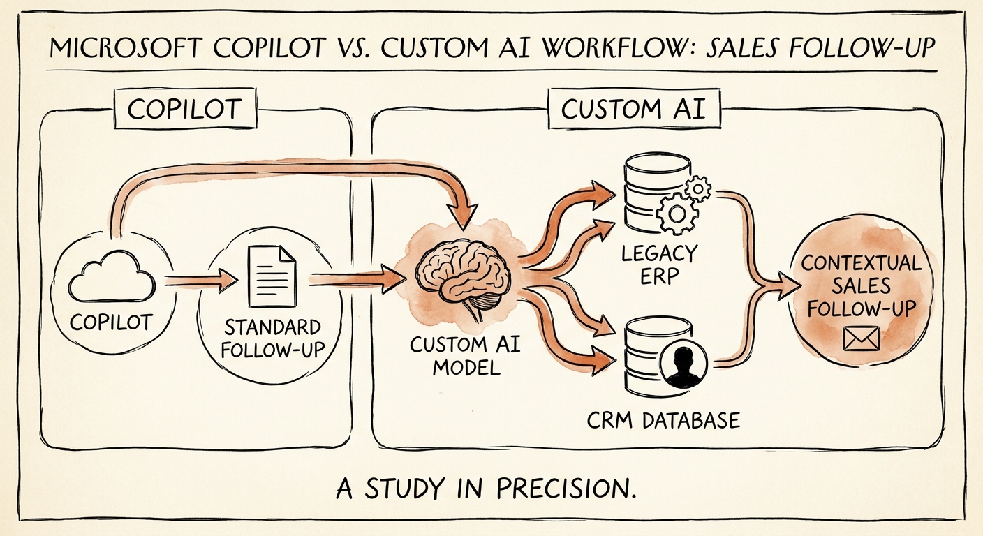 Workflow map showing sources, review rules, and value measures for sales follow-up AI workflow selection.