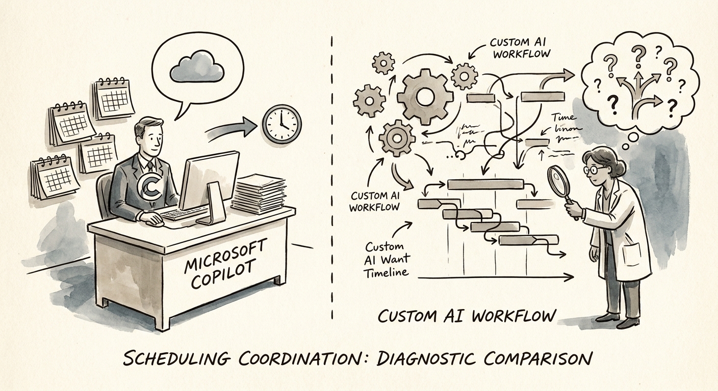Team comparing Microsoft Copilot and a custom AI workflow for scheduling coordination.