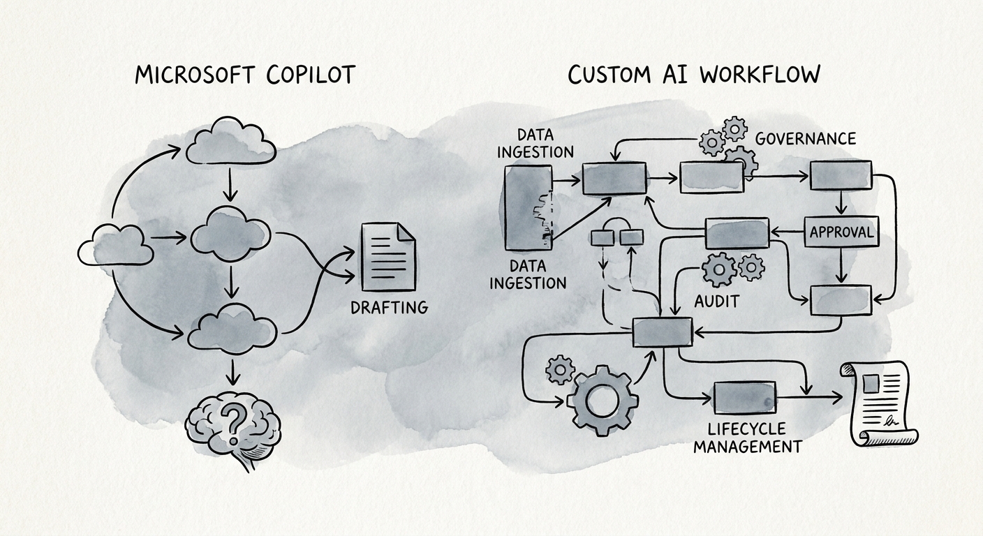 operations and knowledge management team reviewing a governed Microsoft Copilot versus custom AI workflow decision for SOP documentation.