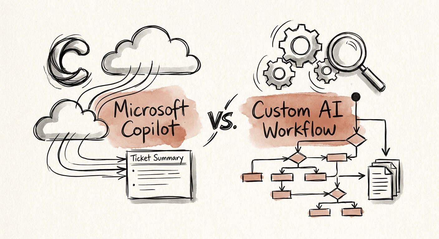 IT operations and vendor management team reviewing a governed Microsoft Copilot versus custom AI workflow decision for vendor ticket summaries.