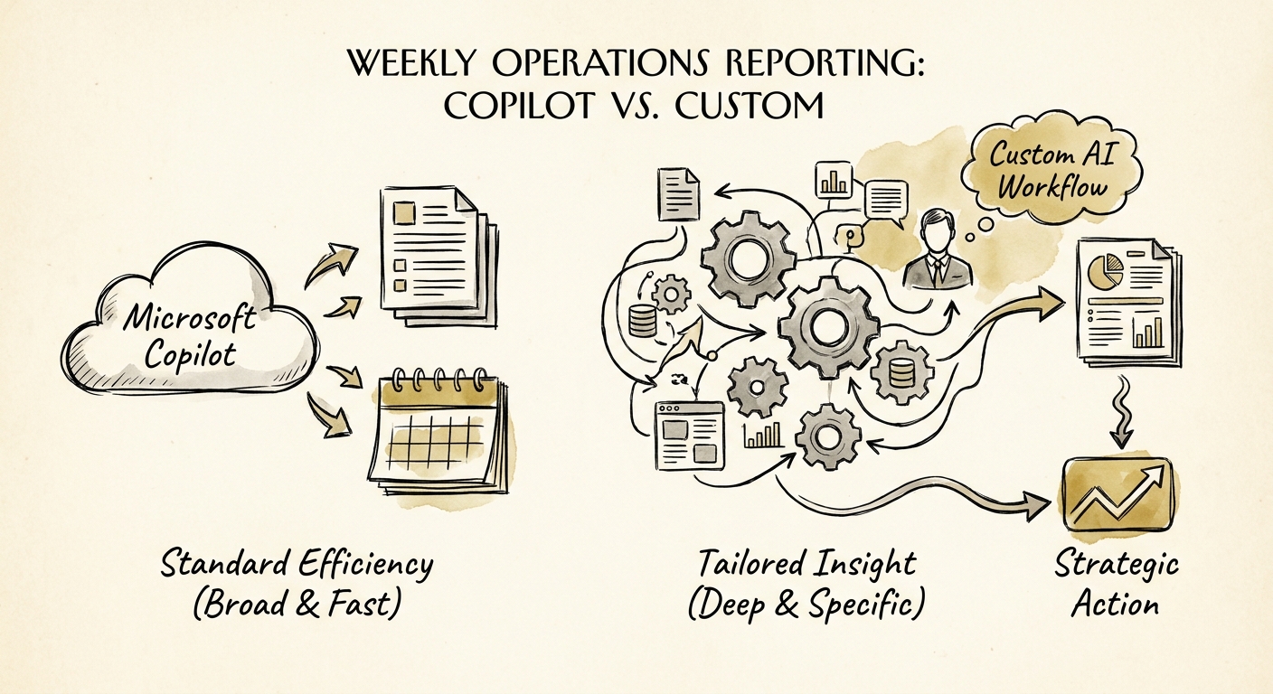 Team comparing Microsoft Copilot and a custom AI workflow for weekly operations reporting.