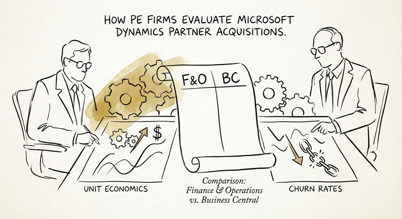 Comparison table of Dynamics 365 Finance & Operations vs. Business Central unit economics and churn rates