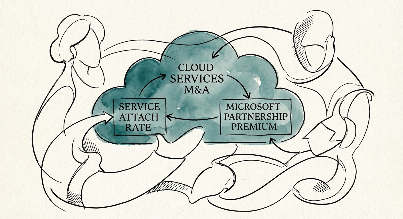 Diagram illustrating the 'Service Attach Rate' value chain in Microsoft Cloud M&A