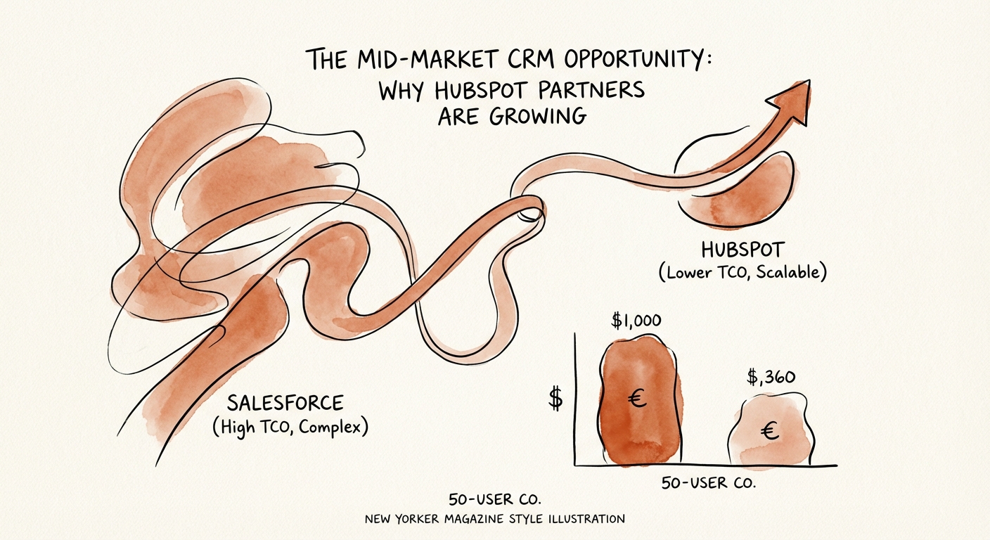 Comparison chart of Total Cost of Ownership (TCO) between Salesforce and HubSpot for a 50-user mid-market company.