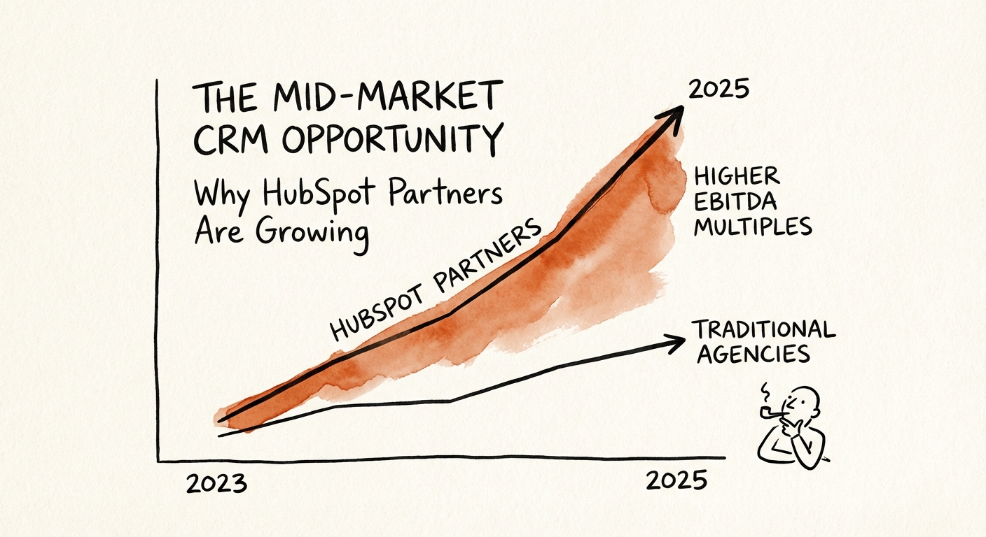 Graph showing the rise in EBITDA multiples for HubSpot partners versus traditional marketing agencies from 2023 to 2025.