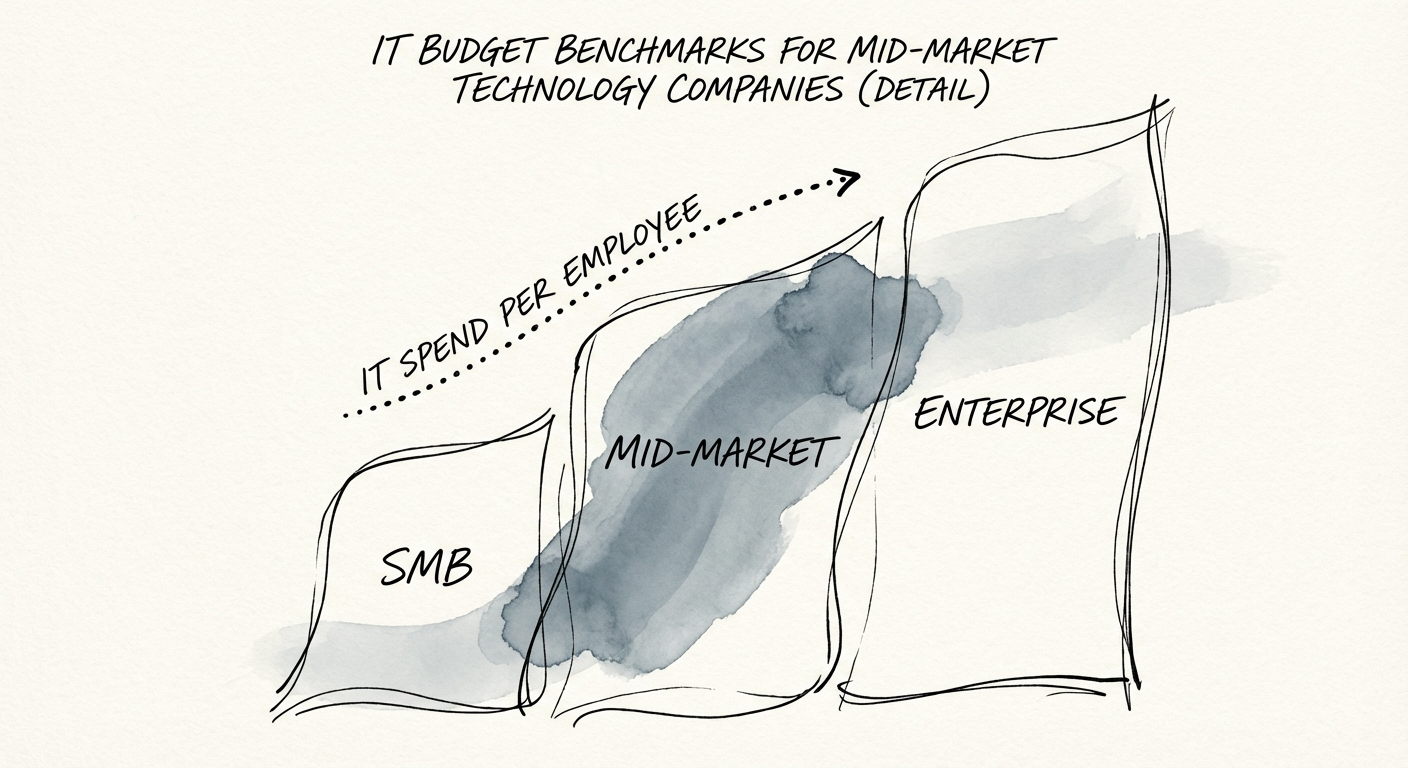 Chart of 2026 IT spend per employee bands from SMB to enterprise for technology firms
