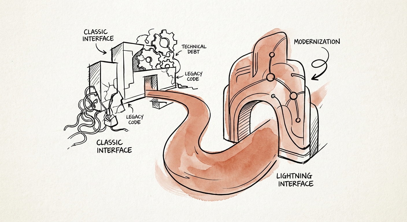 Salesforce Classic interface vs Lightning interface comparison showing technical debt indicators