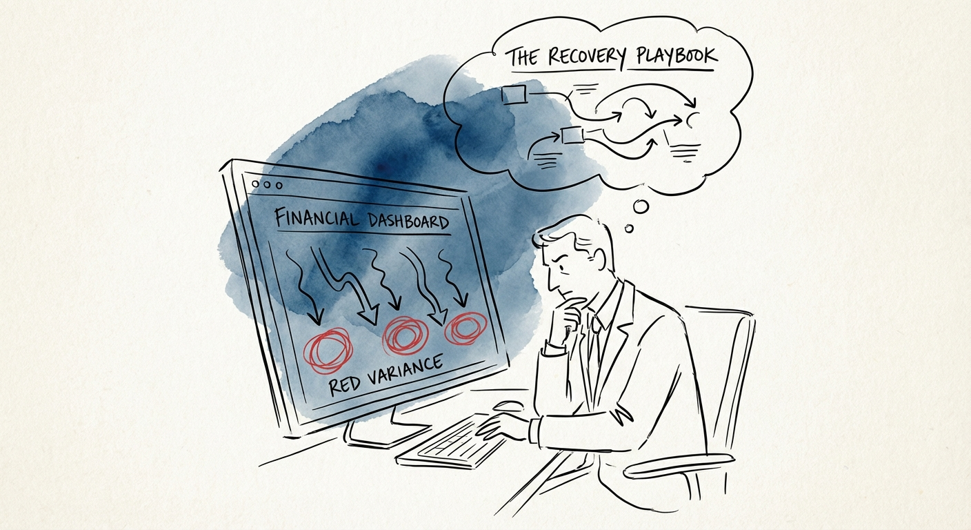 CEO reviewing financial dashboard with red variance indicators